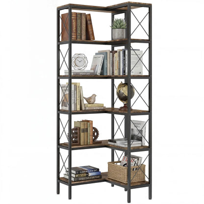 6-Tier L-Shaped Bookshelf, Freestanding Corner Bookcase with Metal Frame, Rustic Brown Display Bookshelves Rustic Brown, Black at Gallery Canada