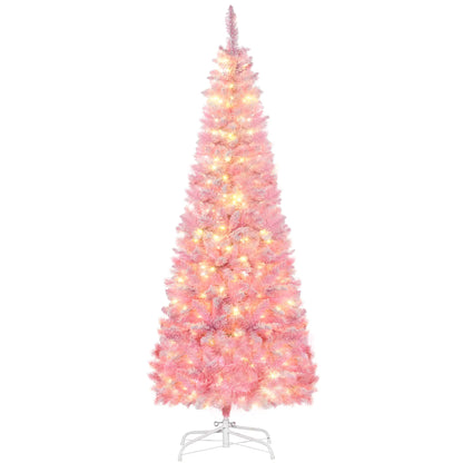 6ft Prelit Snow Flocked Artificial Christmas Tree, Pencil Shape, 500 Pine Branches, Warm White LED, Auto Open, Pink White Pre Lit Christmas Trees at Gallery Canada