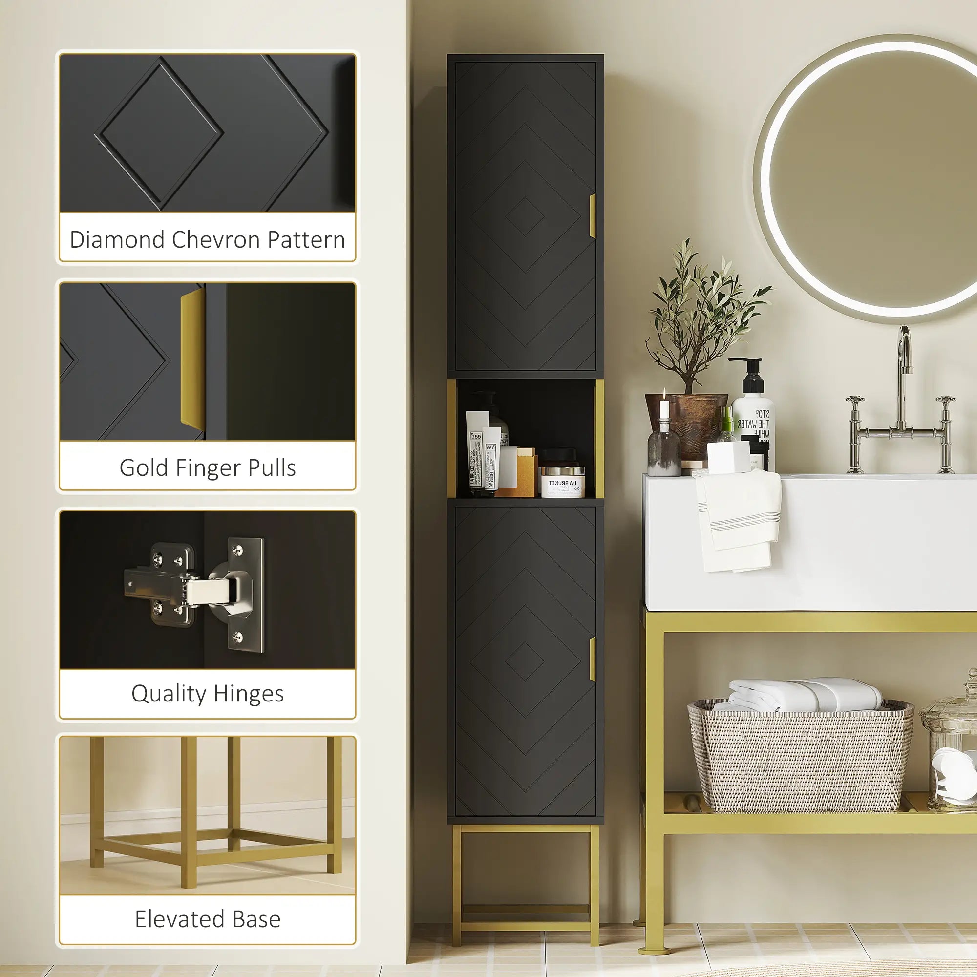 Tall Bathroom Storage Cabinet, Narrow with Adjustable Shelf, Black Bathroom Cabinets at Gallery Canada