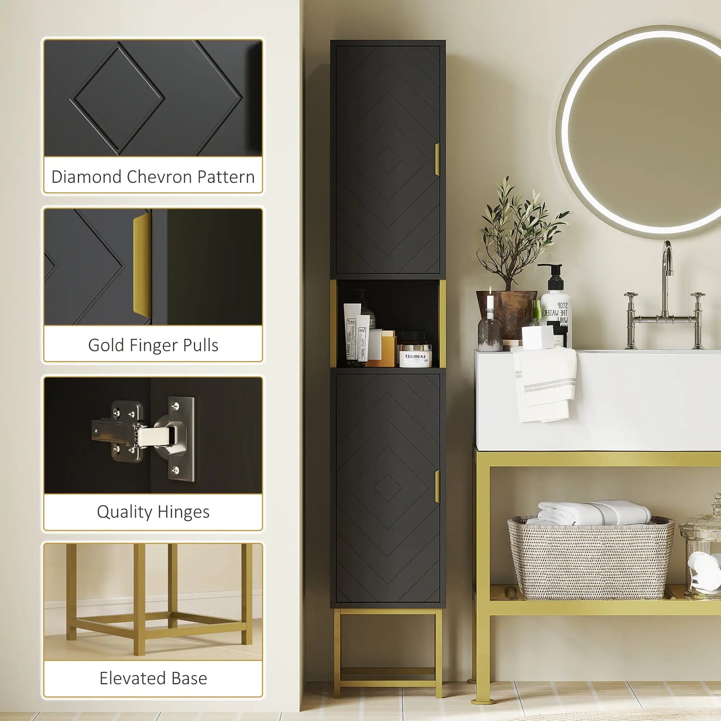 Tall Bathroom Storage Cabinet, Narrow with Adjustable Shelf, Black Bathroom Cabinets at Gallery Canada