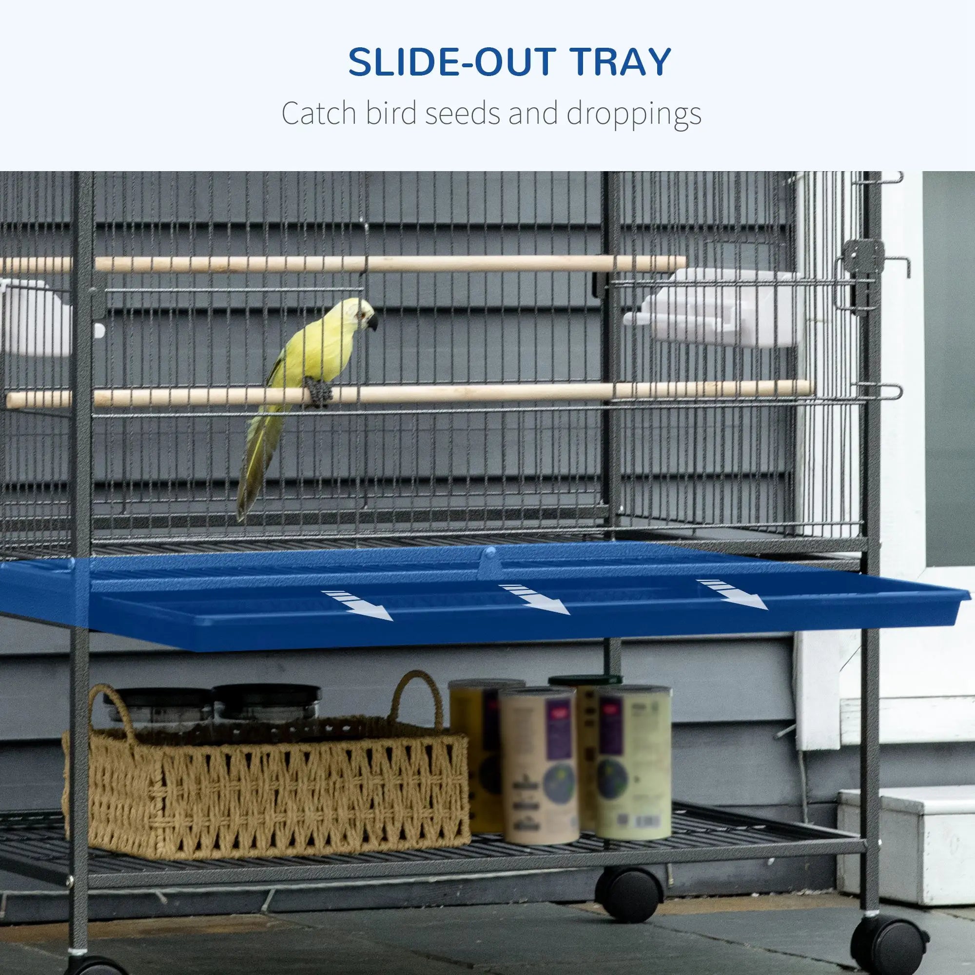 52'' Large Rolling Bird Cage, Storage Shelf, Wood Perch, Dark Grey Bird Cages at Gallery Canada