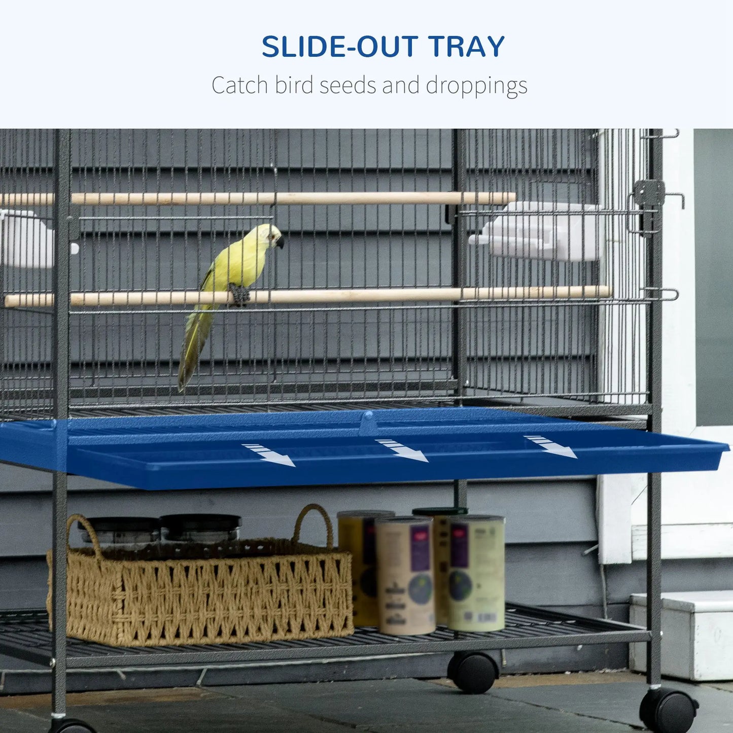 52'' Large Rolling Bird Cage, Storage Shelf, Wood Perch, Dark Grey Bird Cages at Gallery Canada