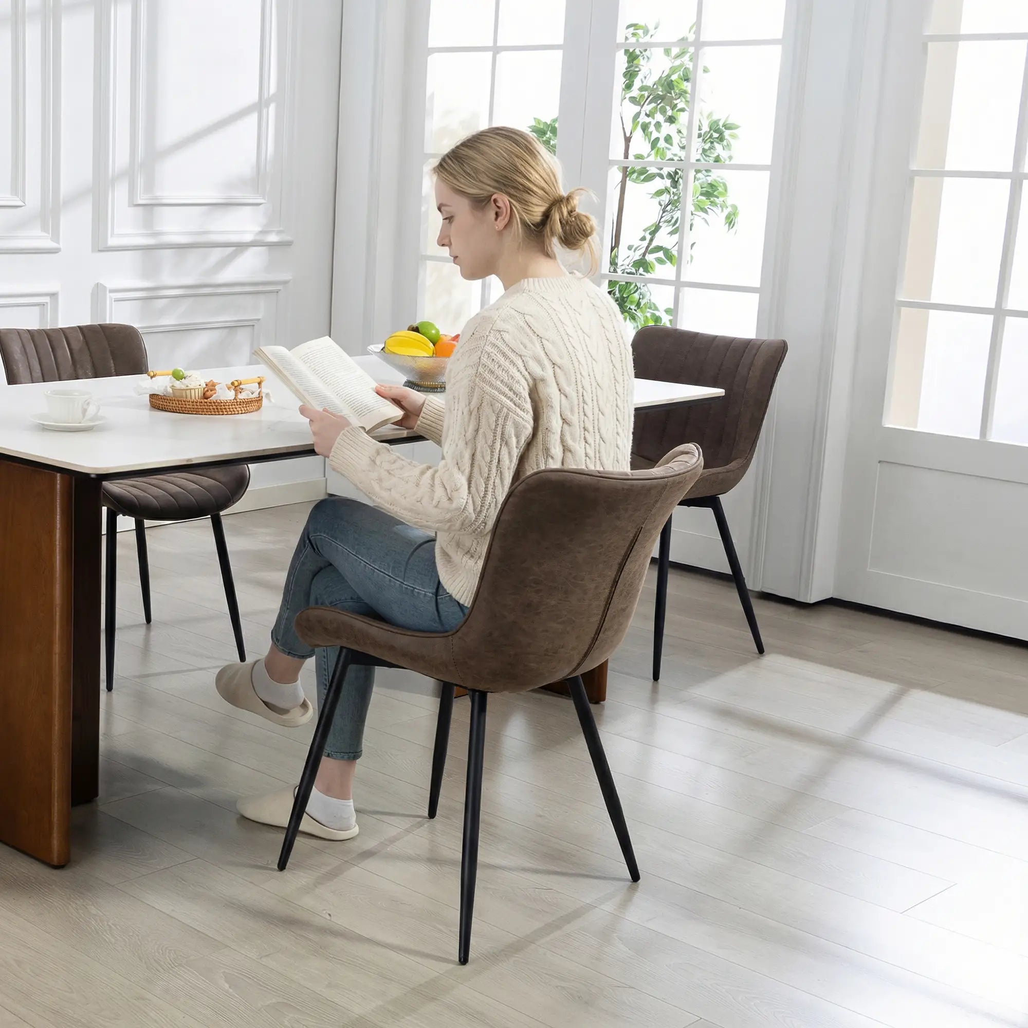 PU Leather Dining Chairs Set of 4, Steel Legs, Backrest, Brown Dining Chairs at Gallery Canada