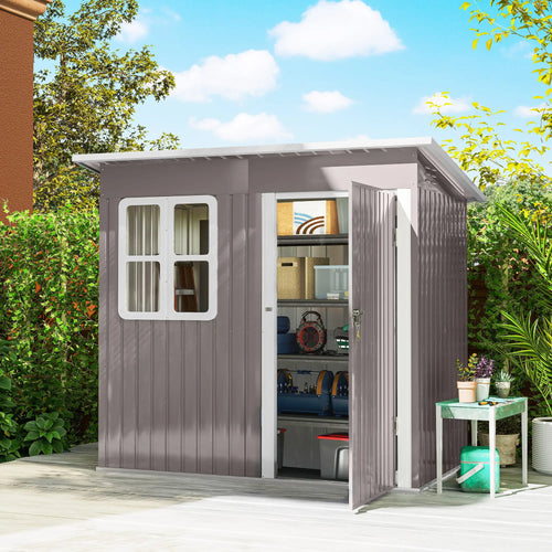 7' x 4' Galvanised Steel Outdoor Storage Shed, Garden Shed With Window, Lockable Door, Air Vents, Warm Grey