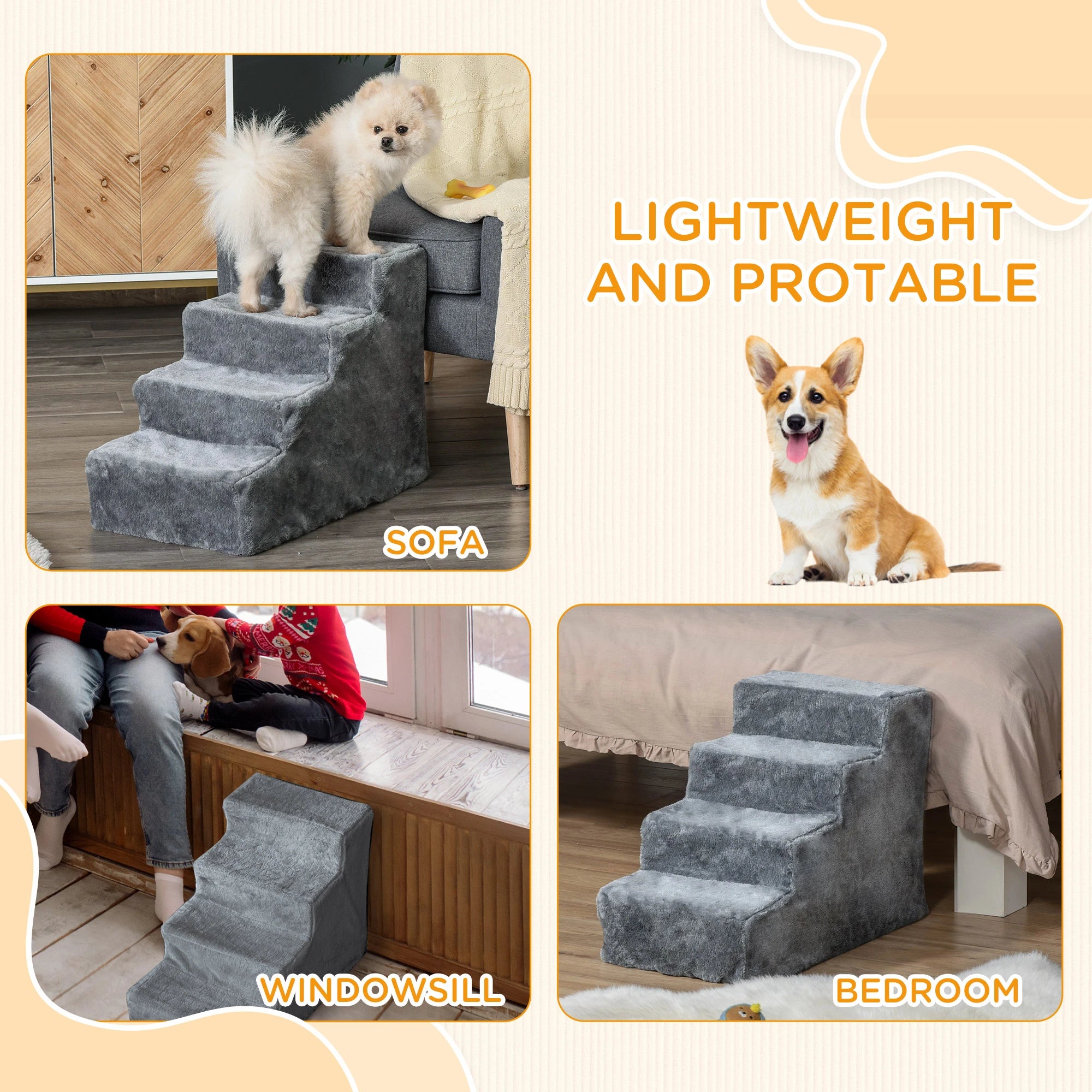 4-Step Dog Ramp for Sofa, Bed, Couch, Removable Cover, Light Grey Dog Stairs at Gallery Canada
