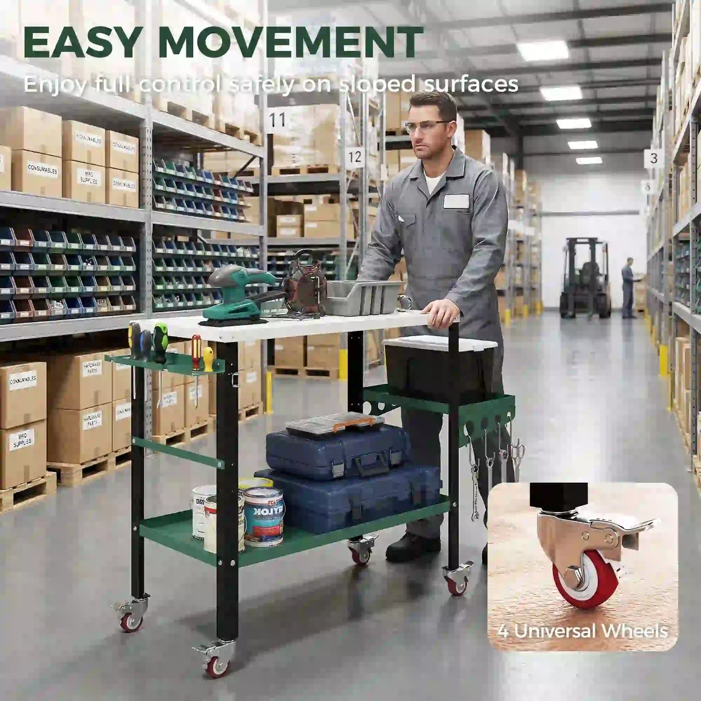 2Tier Rolling Tool Cart with Wheels, Lockable Steel Heavy Duty Cart with Side Tray, Silver &; Green Tool Organizers at Gallery Canada