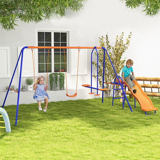 4 in 1 Metal Swing Set with Double Swings, Glider, Slide, Ladder for Backyard, Outdoor, Playground, Multicoloured - Gallery Canada
