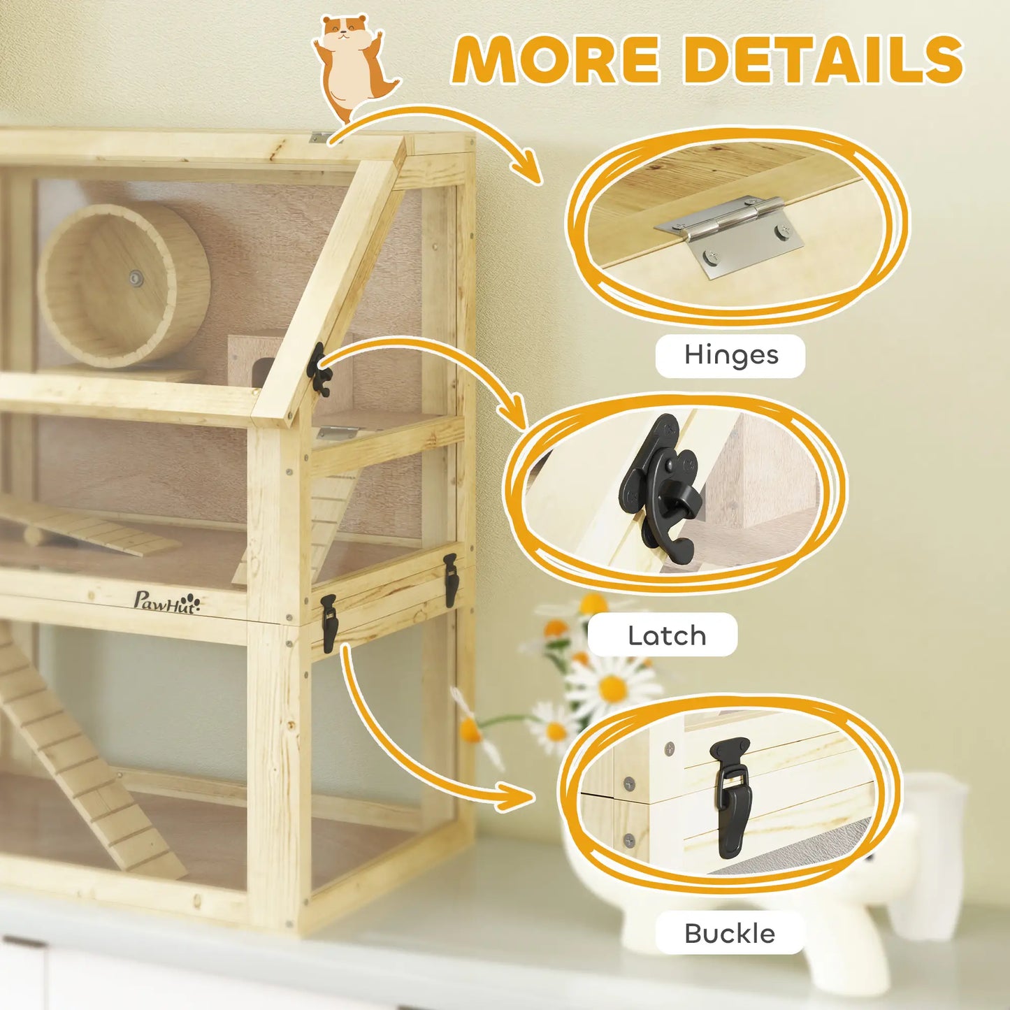 Wooden Hamster Cage, 3 Tier Gerbil Cage, 24" x 16" x 29.5", Hut, Seesaw, Wheel Hamster Cages at Gallery Canada