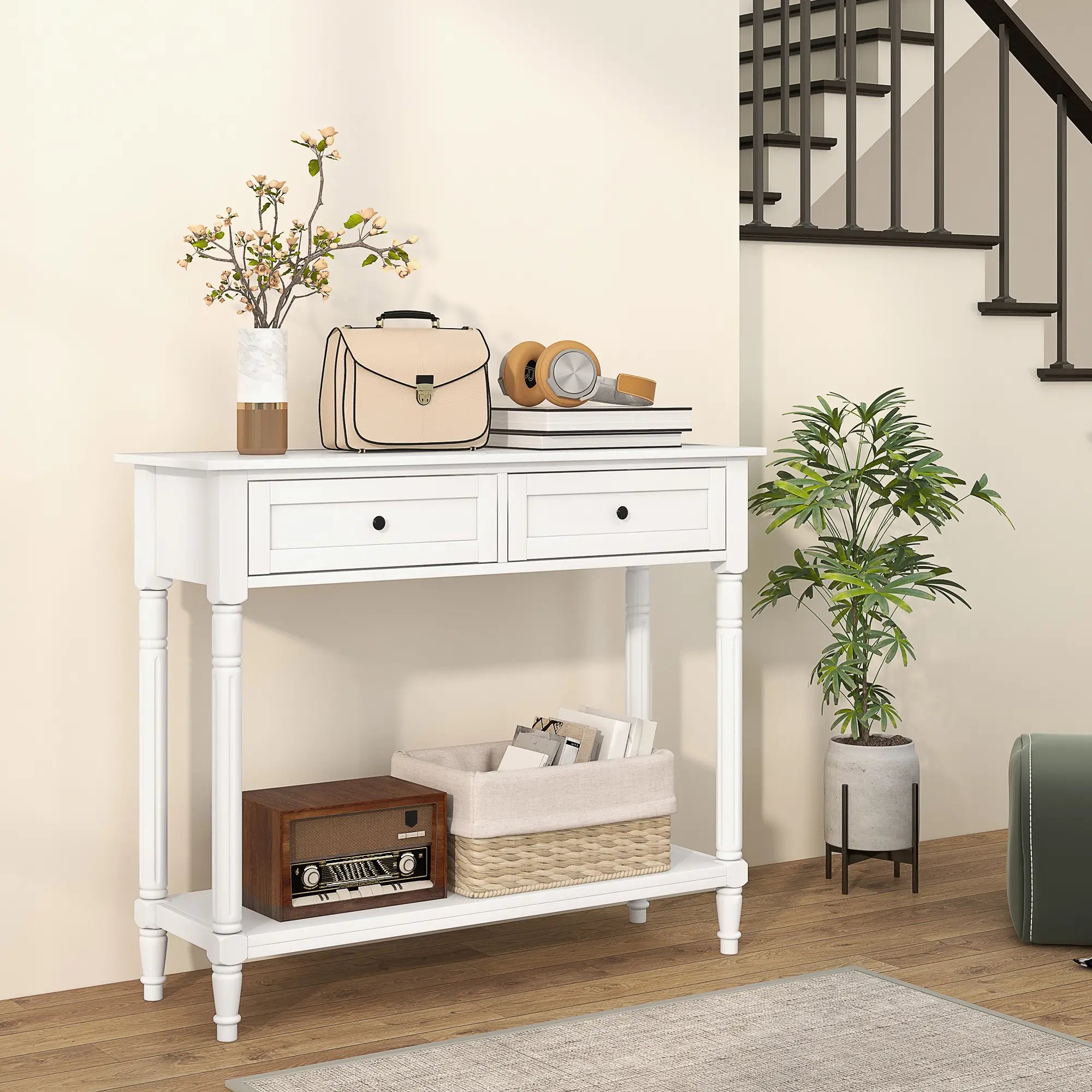 Modern Hallway Console Table, 2 Drawers, Storage Shelf, Turned Legs, White Console Tables at Gallery Canada