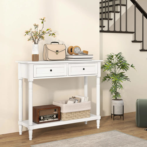 Modern Hallway Console Table, 2 Drawers, Storage Shelf, Turned Legs, White
