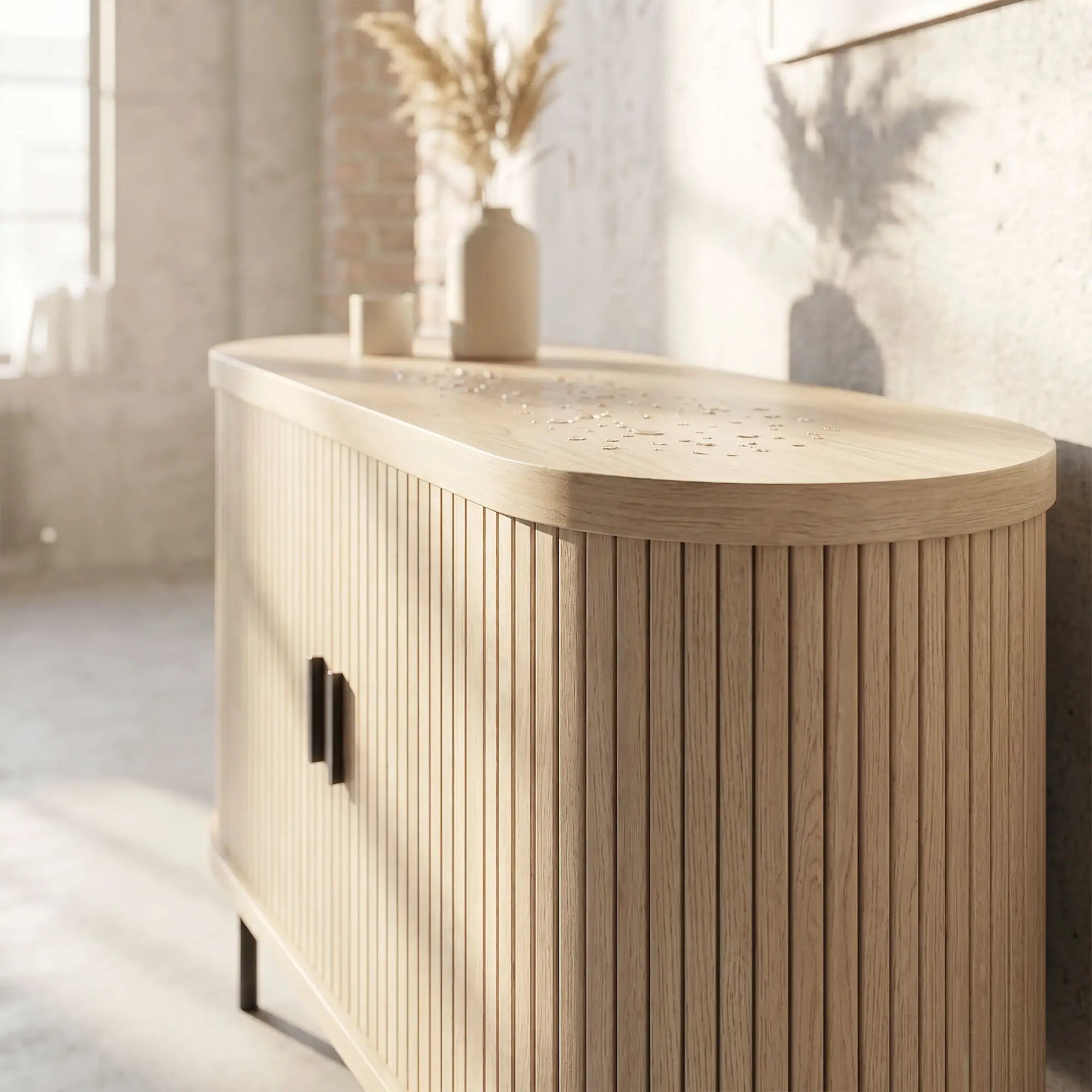 Sideboard Buffet Cabinet with Curved Tambour Doors, Natural Wood, Natural Wood Storage Cabinets at Gallery Canada