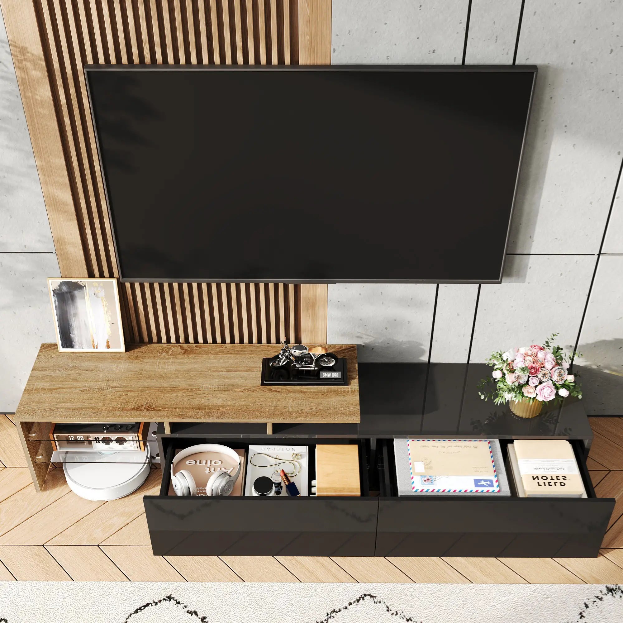 TV Cabinet With Glass Shelves, LED Lighting, 67