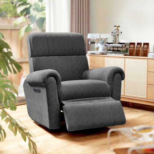 Fabric Recliner Chair, USB Ports, Swivel Rocking Footrest, Dark Grey