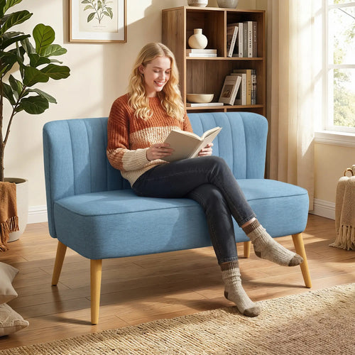 2 Seat Sofa, Upholstered Loveseat With Rubber Wood Legs, Blue