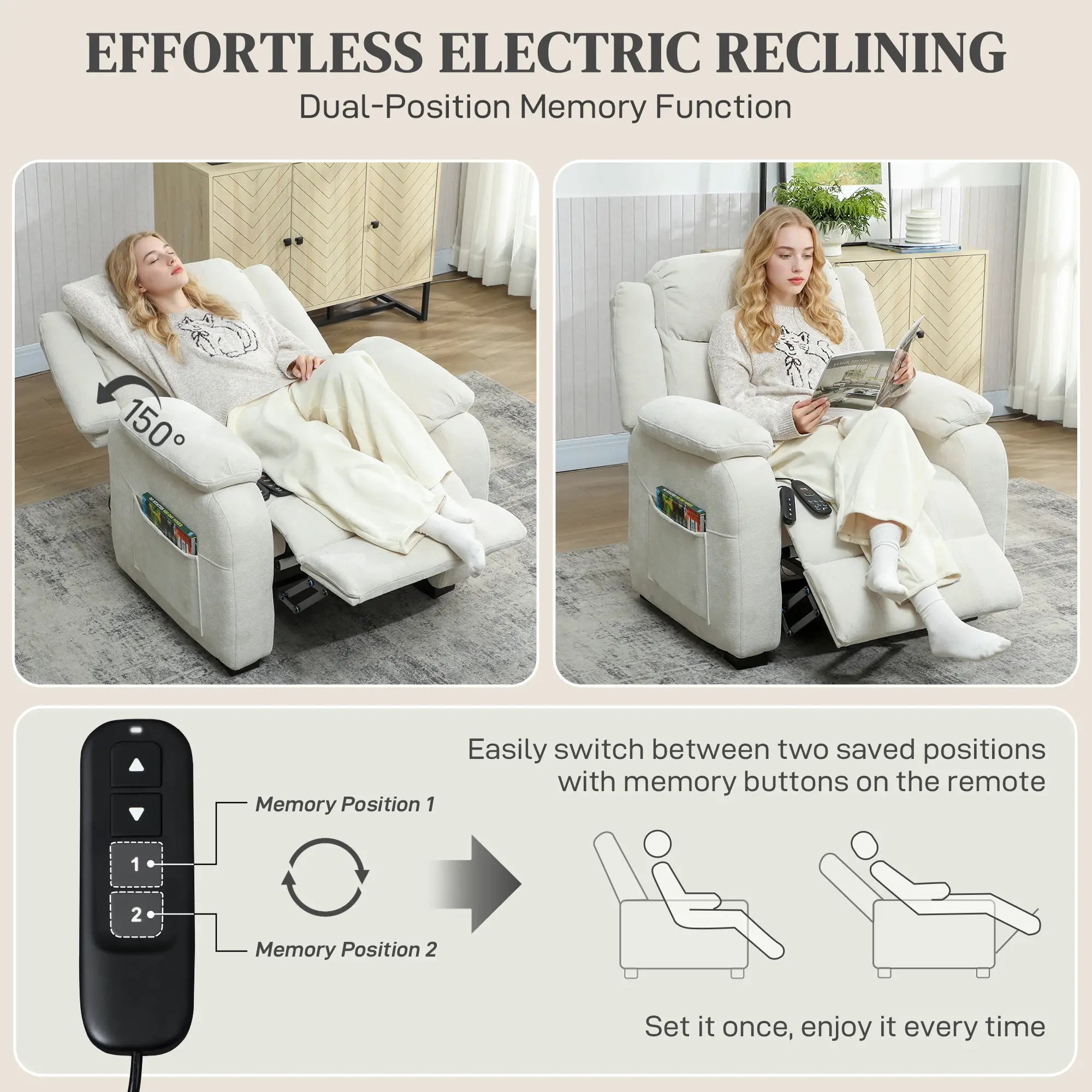 Massage Recliner Chair, Power Recliner, Remote, Pockets, 2 Memory Positions, Beige Single Sofas at Gallery Canada