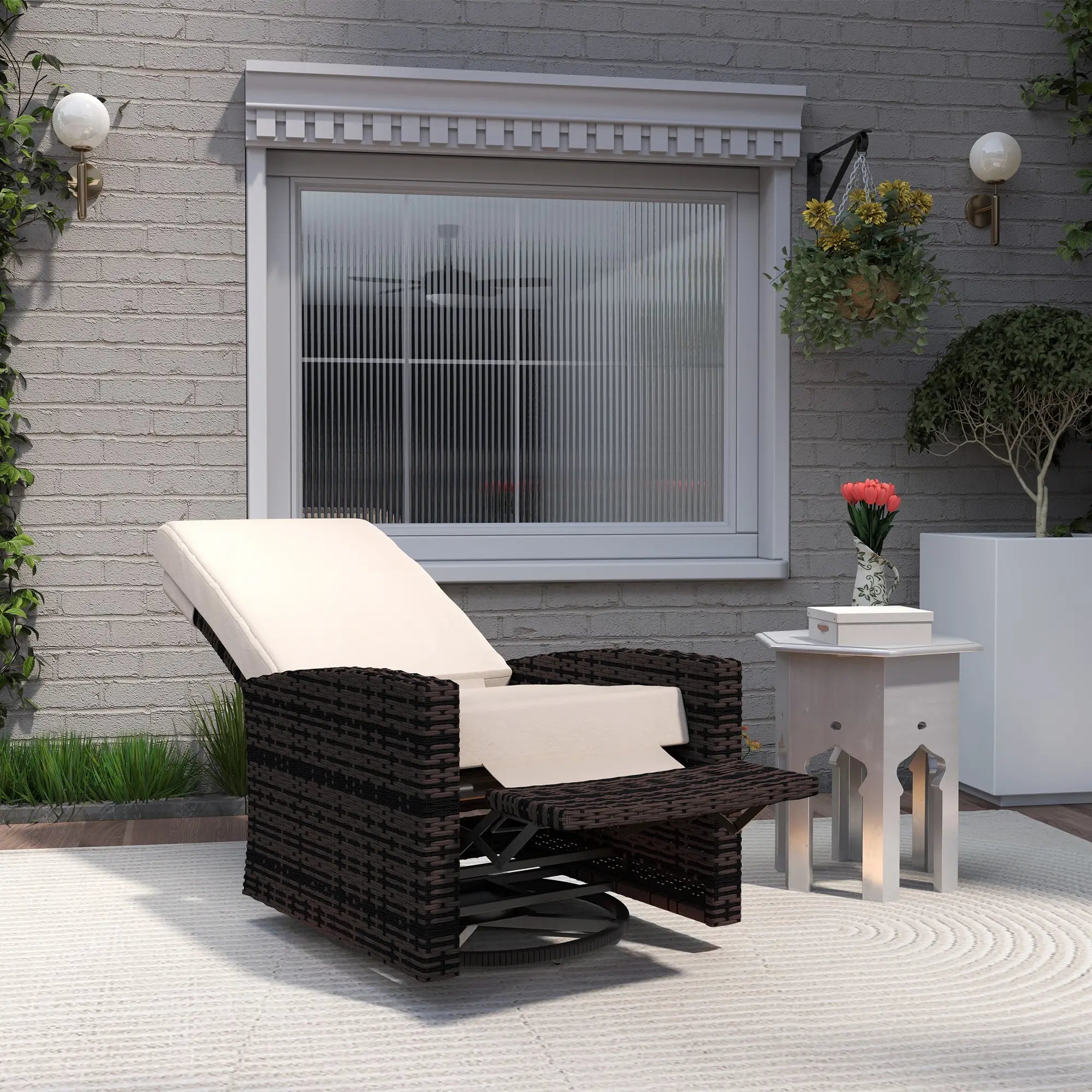 Outdoor Rattan Wicker Lounge Chair with Footrest, Soft Cushion, Khaki Patio Chairs at Gallery Canada