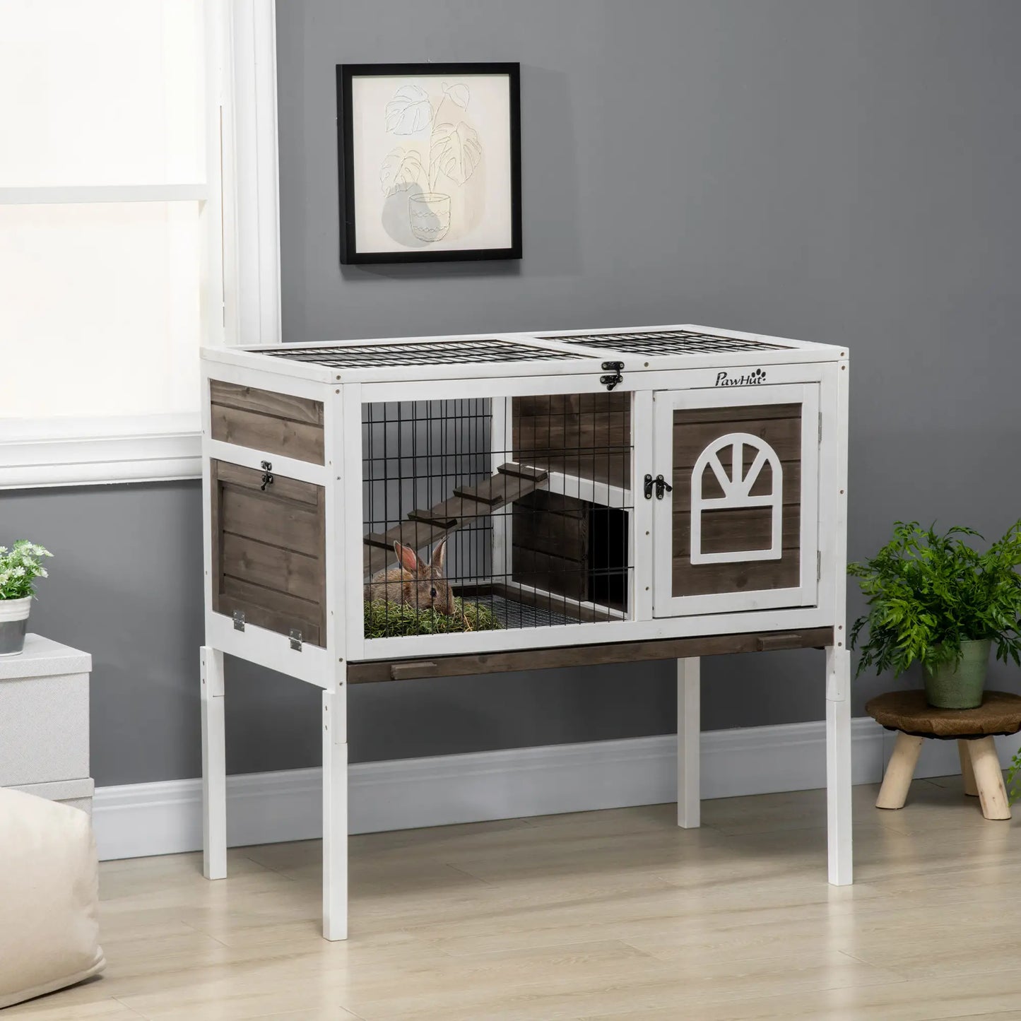 Rabbit Hutch Dual Height Bunny House, Slide Out Tray, White Coffee, White Rabbit Hutch at Gallery Canada