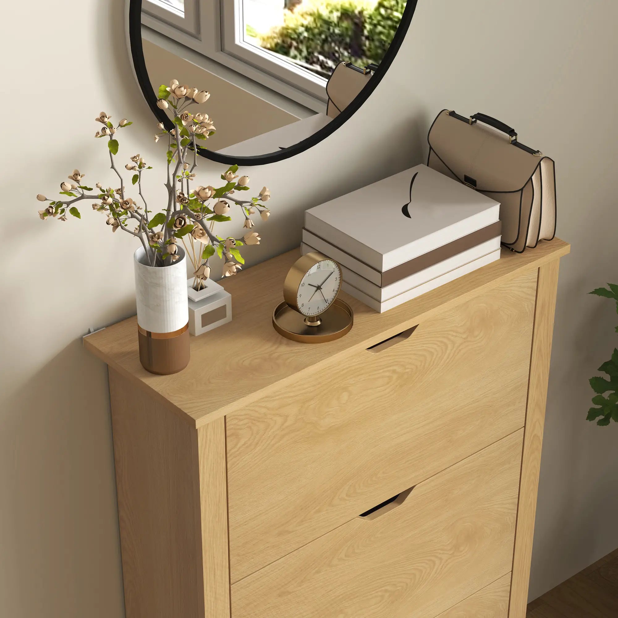 Shoe Storage Cabinet, 3 Flip Drawers, Adjustable Shelves, 18 Pairs, Natural Wood Shoe Storage Cabinets & Racks at Gallery Canada