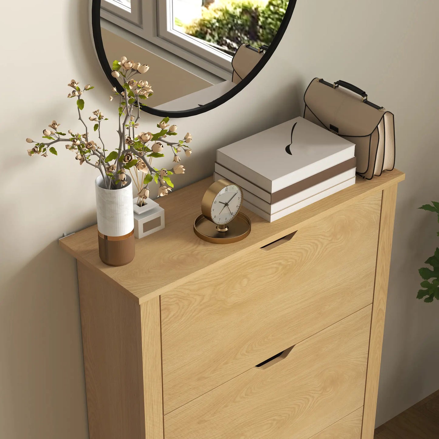 Shoe Storage Cabinet, 3 Flip Drawers, Adjustable Shelves, 18 Pairs, Natural Wood Shoe Storage Cabinets & Racks at Gallery Canada