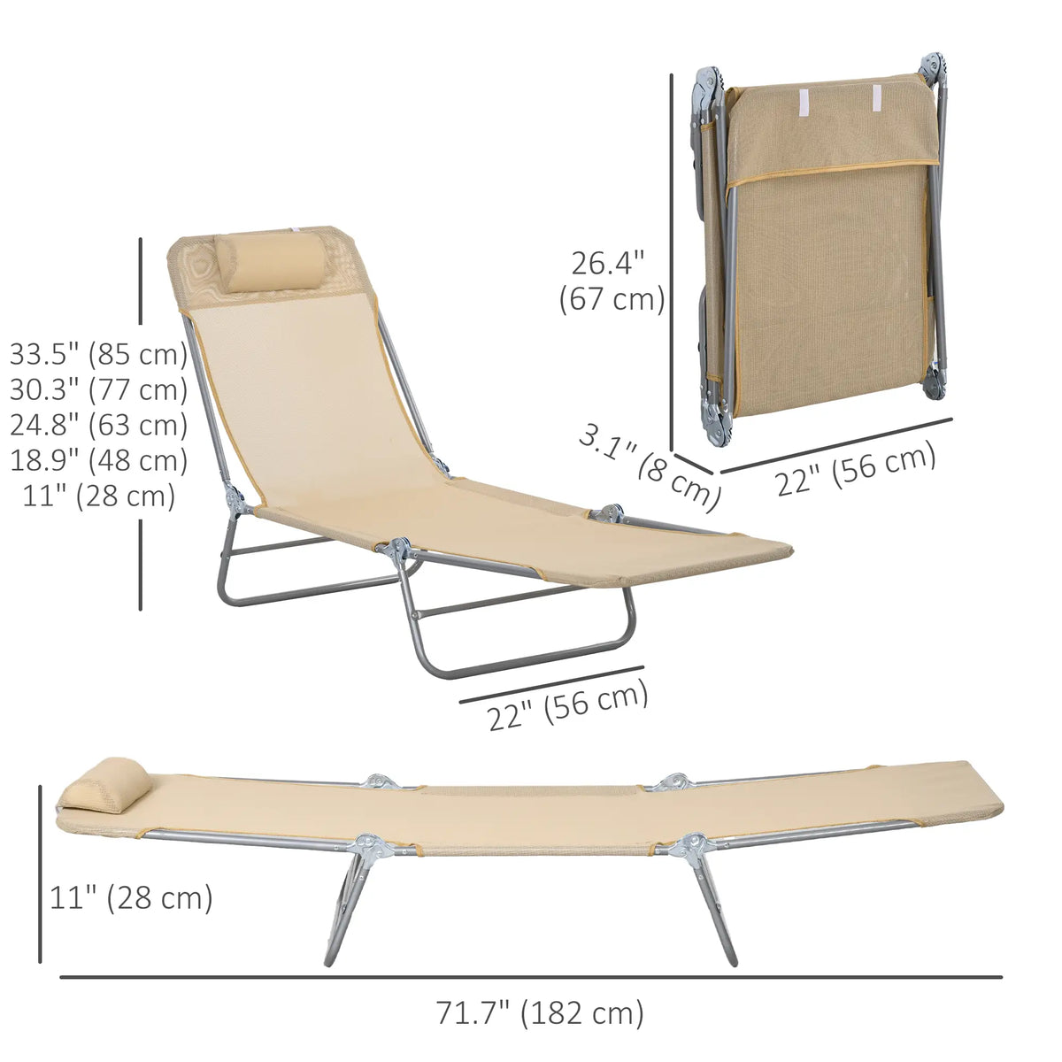 Ensemble de chaises longues pliantes pour extérieur, 2 chaises de bronzage inclinables, dossier réglable en 5 positions, marron
