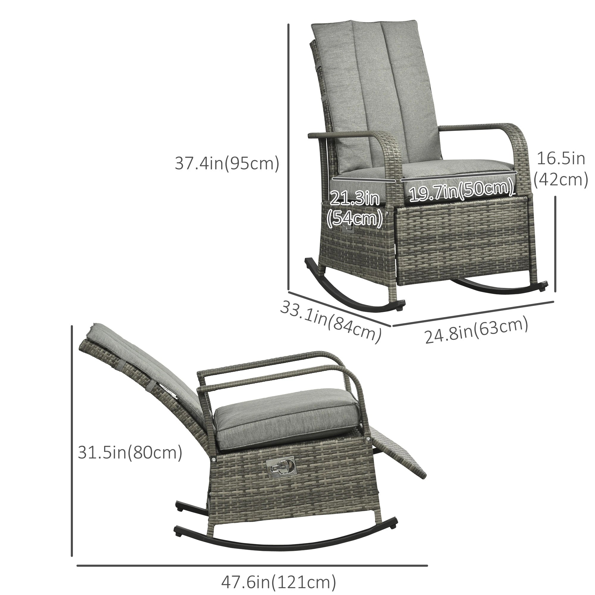 Outdoor Wicker Rocking Chair with Cushion, Adjustable Footrest, Grey Outdoor Rocking Chairs at Gallery Canada