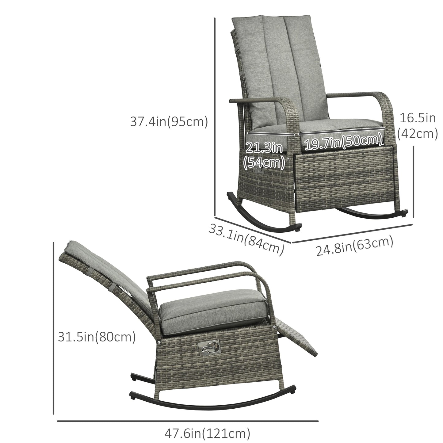 Outdoor Wicker Rocking Chair with Cushion, Adjustable Footrest, Grey Outdoor Rocking Chairs at Gallery Canada