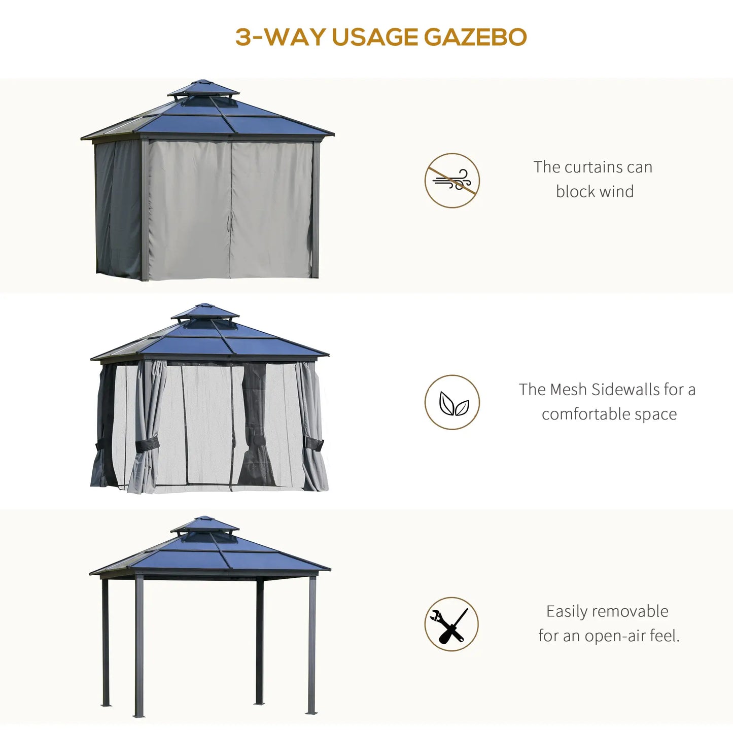 10'x10' Aluminum Hardtop Gazebo, Double Tier Roof, Black & Grey Gazebos at Gallery Canada