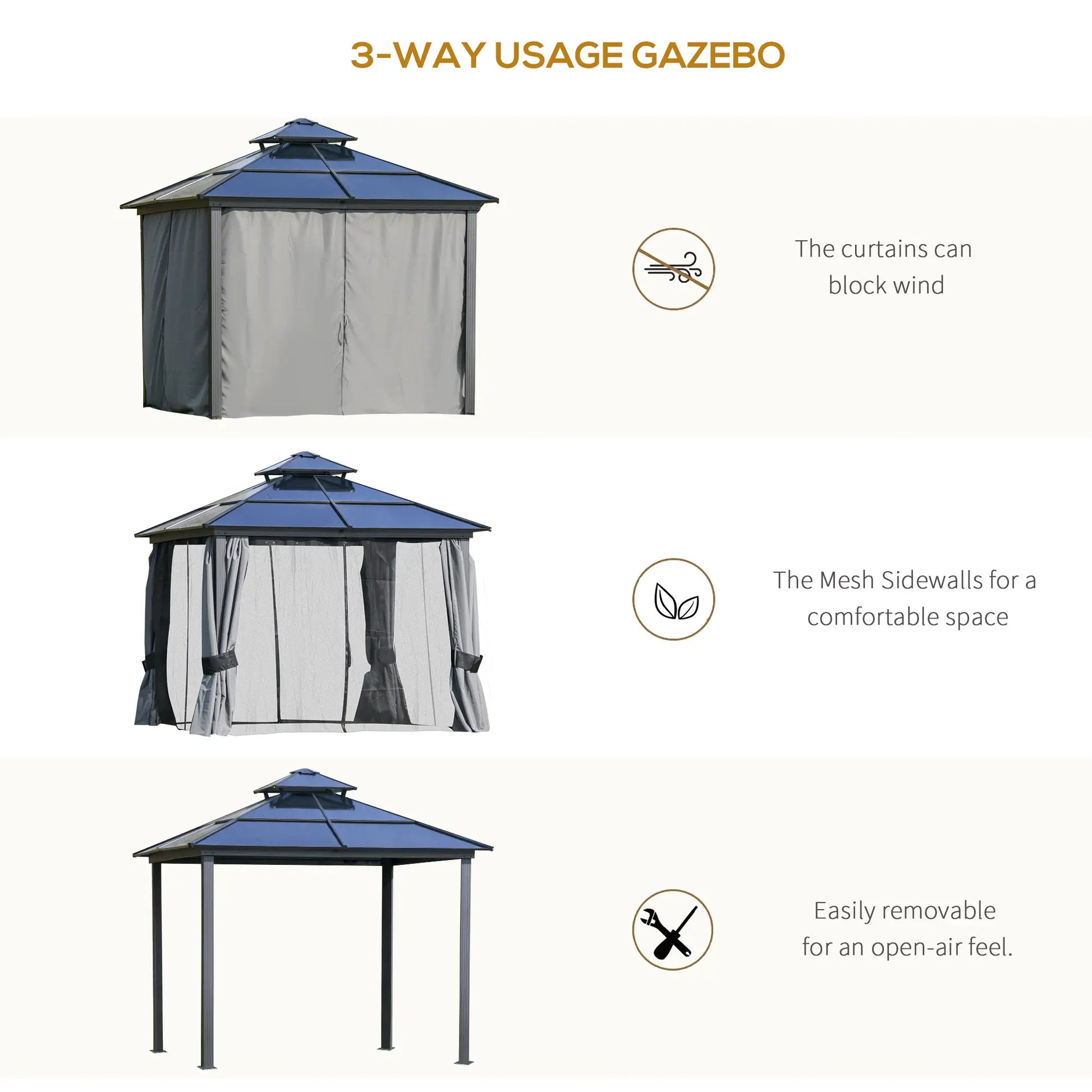 10'x10' Aluminum Hardtop Gazebo, Double Tier Roof, Black & Grey Gazebos at Gallery Canada
