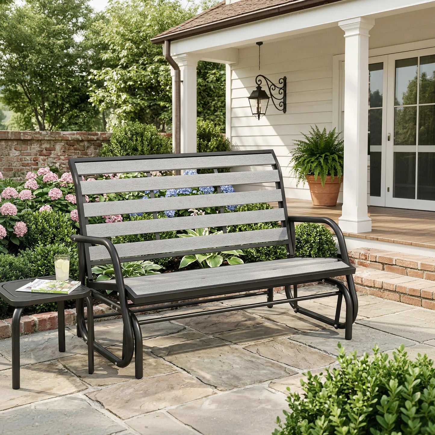 2 Person Outdoor Glider Bench, Steel Frame, Faux Wood Slats, Grey Outdoor Gliders at Gallery Canada