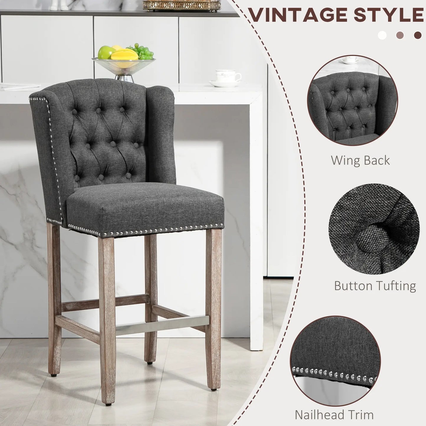 Counter Height Bar Stools Set of 2, Upholstered, Charcoal Grey Bar Stools at Gallery Canada