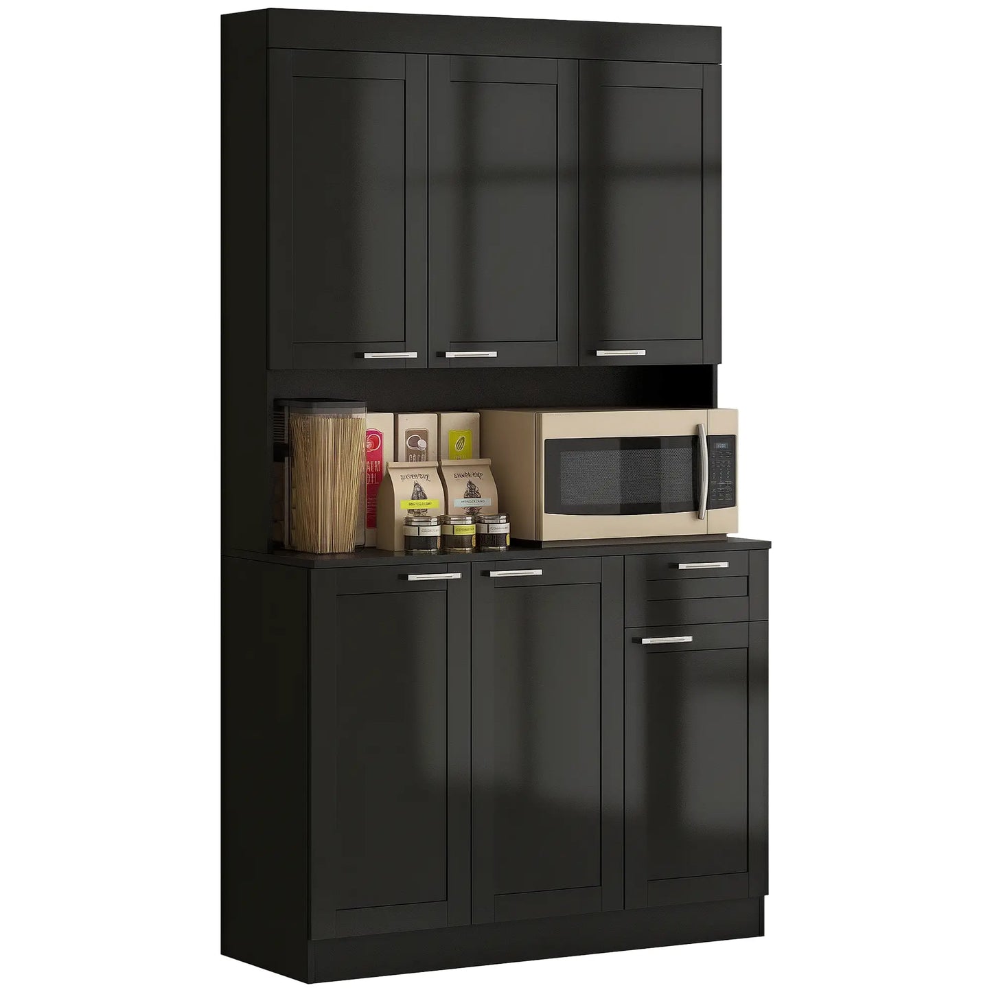 71" Kitchen Pantry Cabinet, Storage Buffet with Hutch, Adjustable Shelves, High Gloss Black, Black Kitchen Pantry Cabinets at Gallery Canada