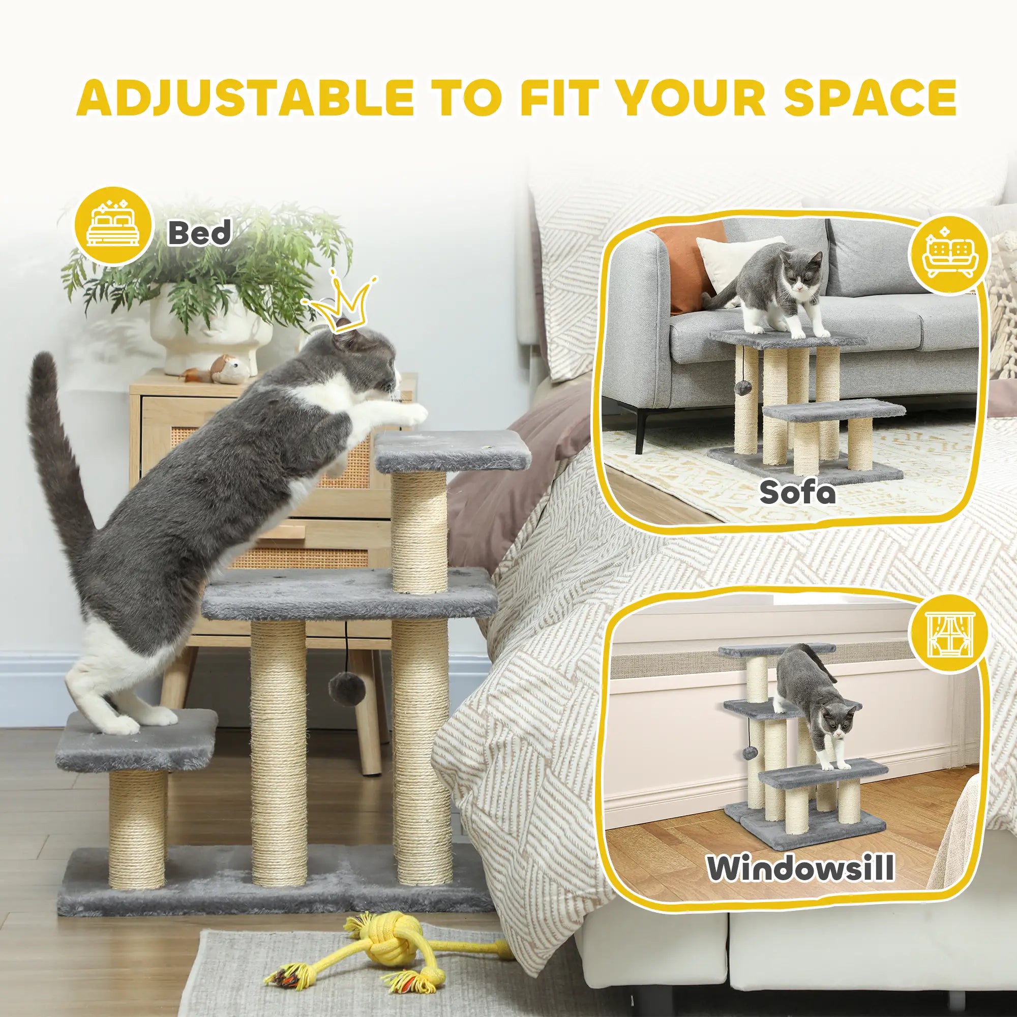 Cat Stairs with 2 Sisal Scratching Posts, 3-Tier Adjustable, Grey Dog Stairs at Gallery Canada