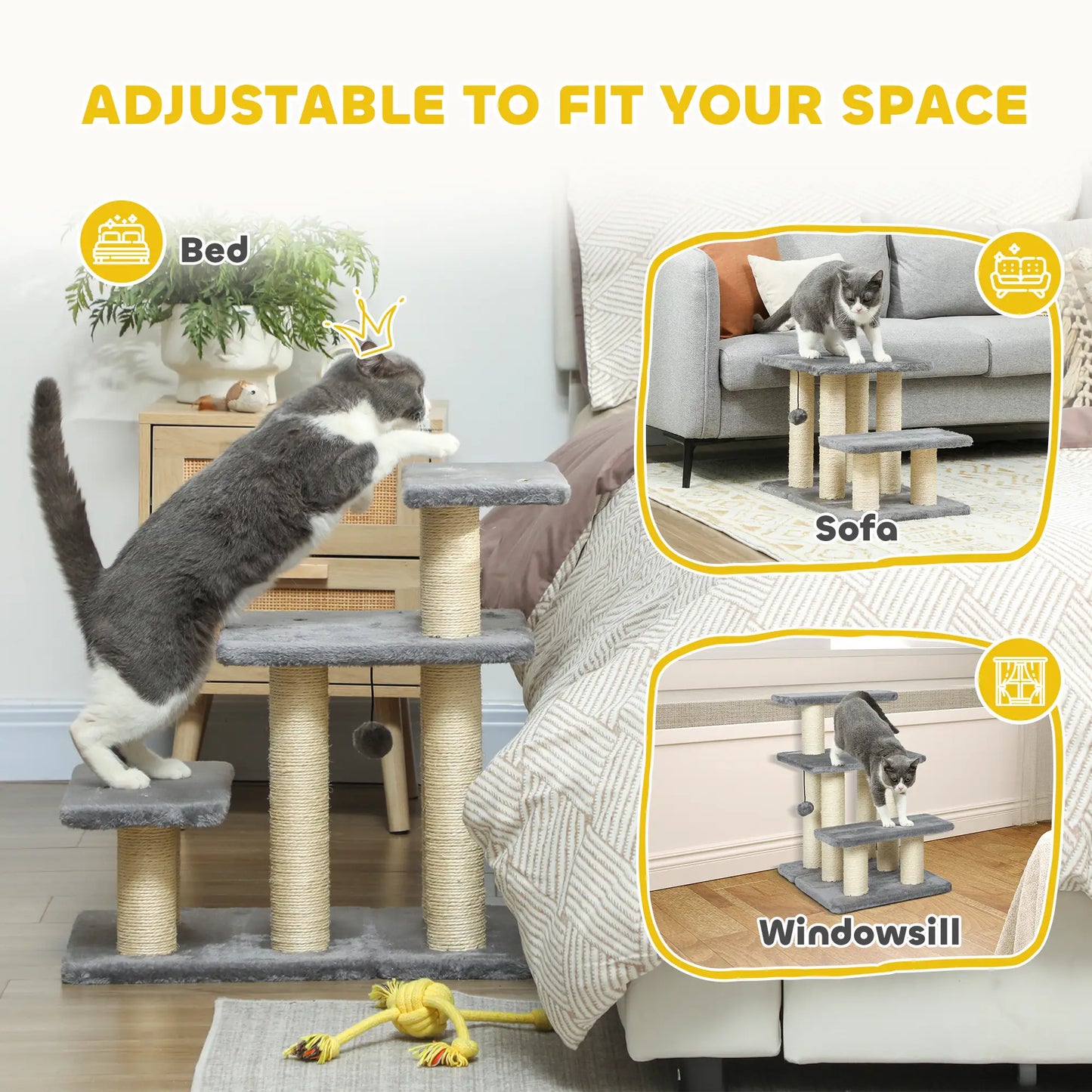 Cat Stairs with 2 Sisal Scratching Posts, 3-Tier Adjustable, Grey Dog Stairs at Gallery Canada
