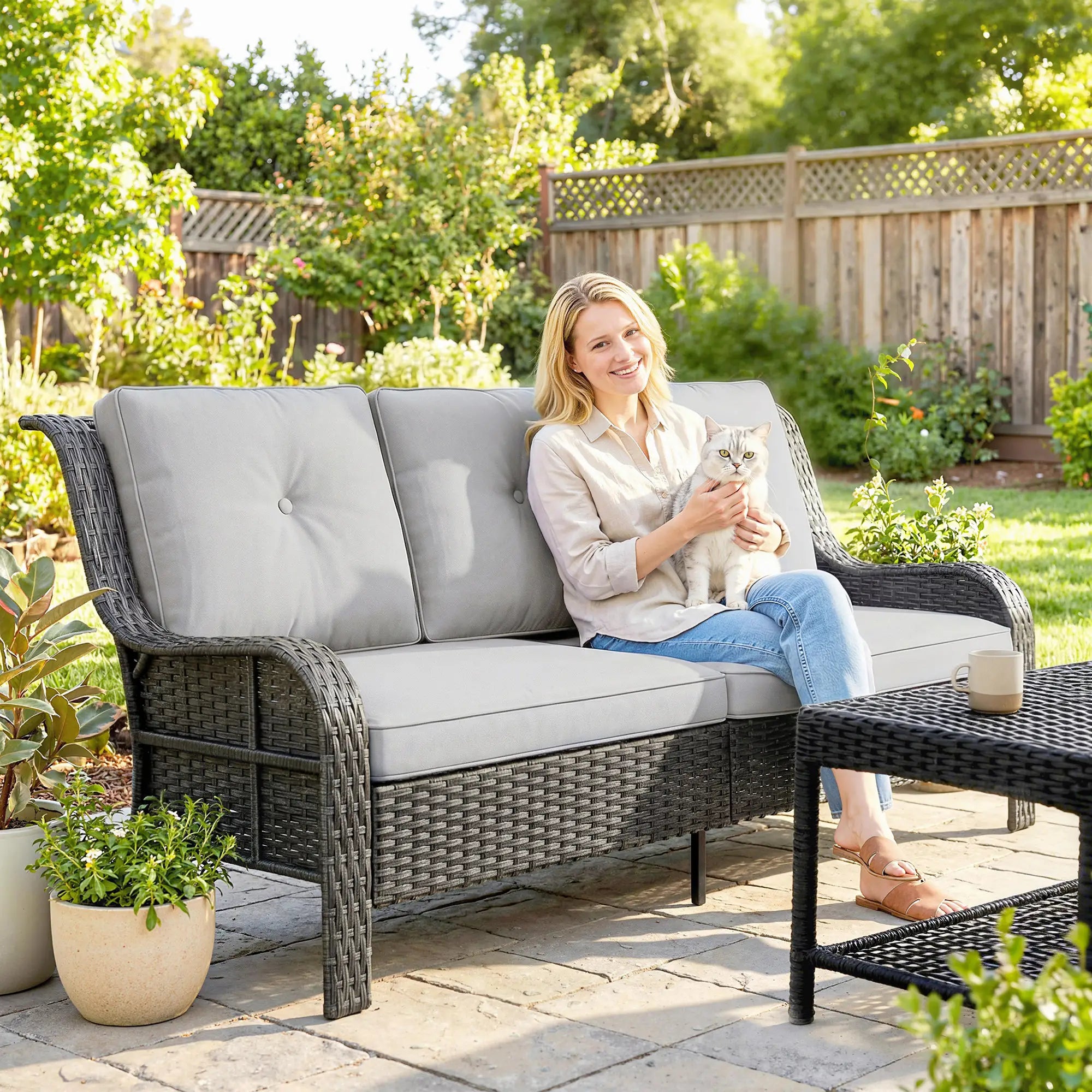 Wicker Patio Sofa With Cushions, 3 Seater Rattan Outdoor Couch, Light Grey Patio Furniture Sets at Gallery Canada