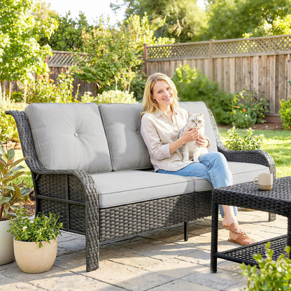 Wicker Patio Sofa With Cushions, 3 Seater Rattan Outdoor Couch, Light Grey Patio Furniture Sets at Gallery Canada