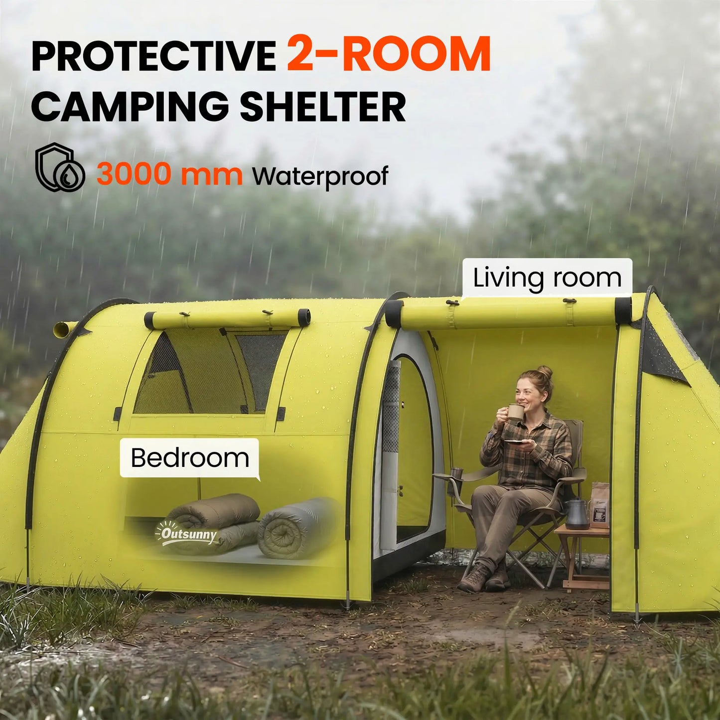 3-4 Person Camping Tent with 2 Rooms, 3000mm Waterproof Portable Family Tent with Carry Bag, Yellow Camping Tents at Gallery Canada
