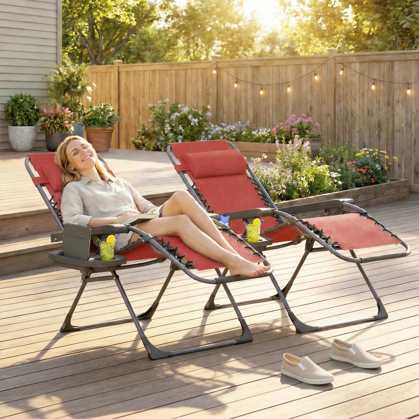 Zero Gravity Chair Set Of 2, Folding Reclining Outdoor Lounge Chair, Wine Red Lounger Chairs at Gallery Canada