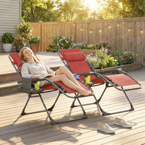 Zero Gravity Chair Set Of 2, Folding Reclining Outdoor Lounge Chair, Wine Red