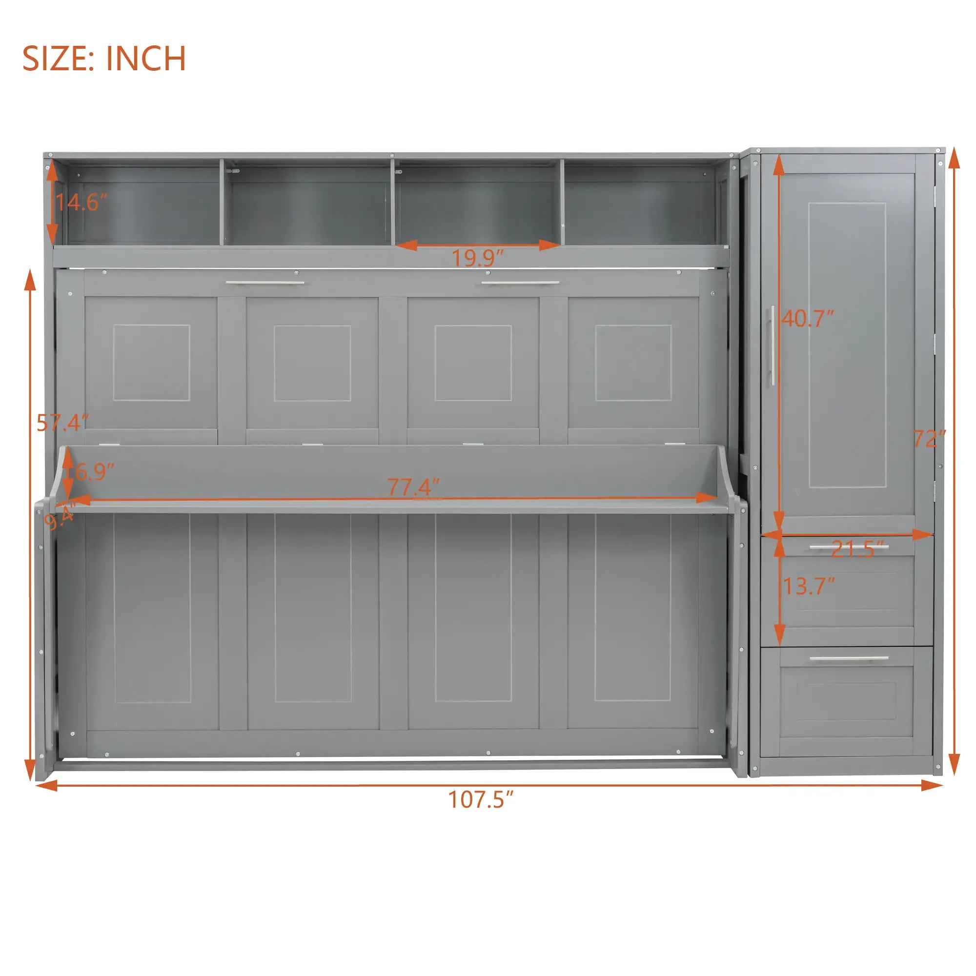 Murphy Bed with Closet, Drawers, 107.5