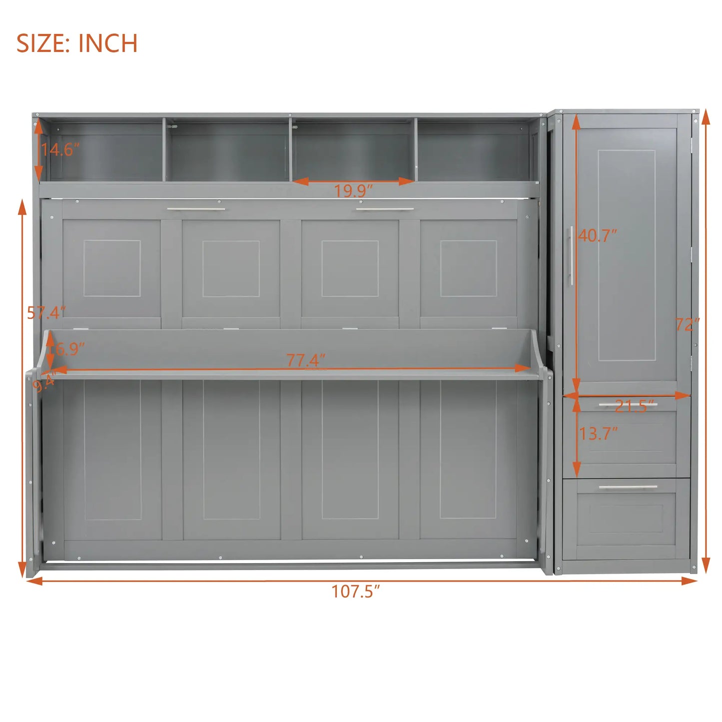 Murphy Bed with Closet, Drawers, 107.5" L x 58" W x 72" H, Grey Bed Frames at Gallery Canada