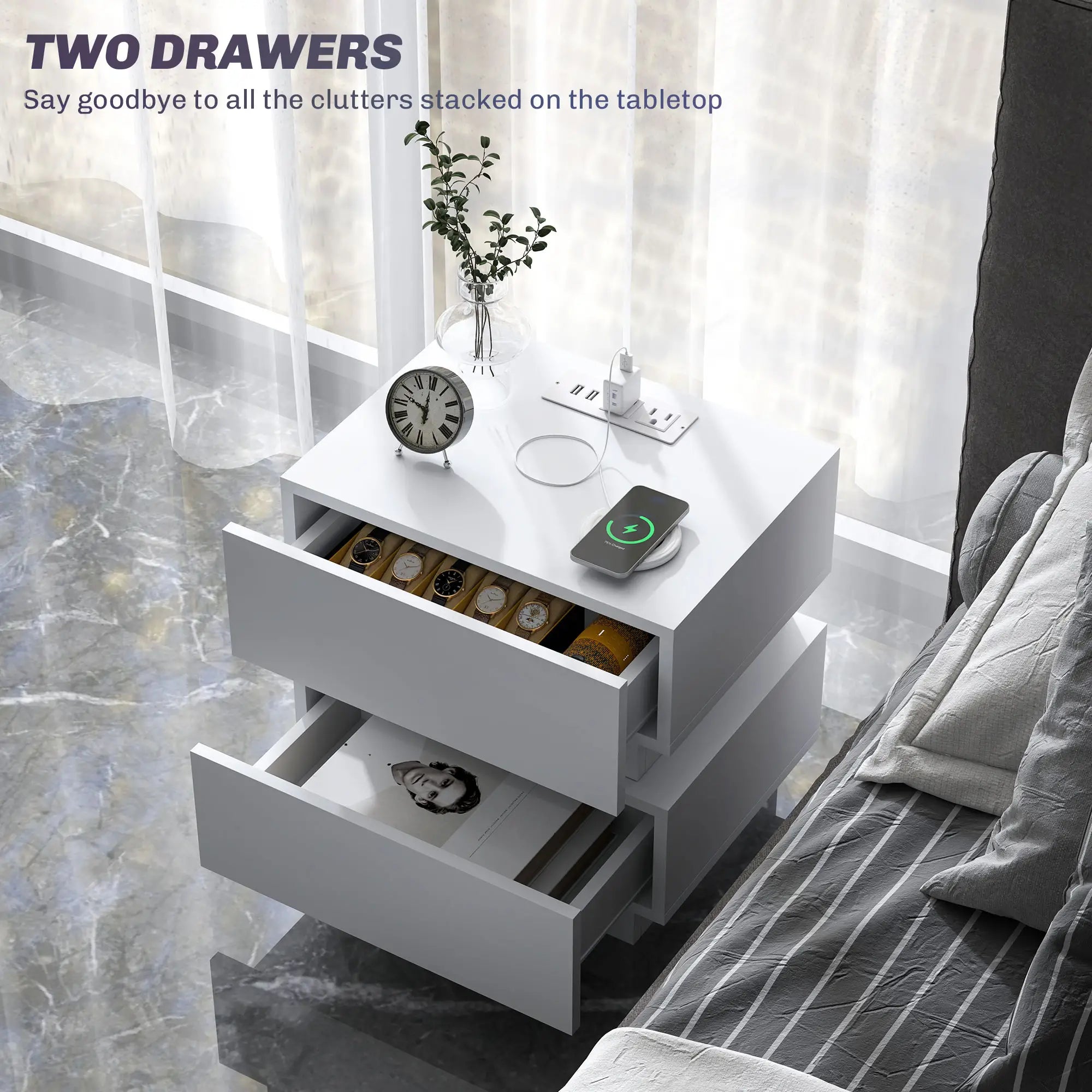 Modern Nightstand with Charging Station, LED Light, USB Ports, White Bedside Tables at Gallery Canada