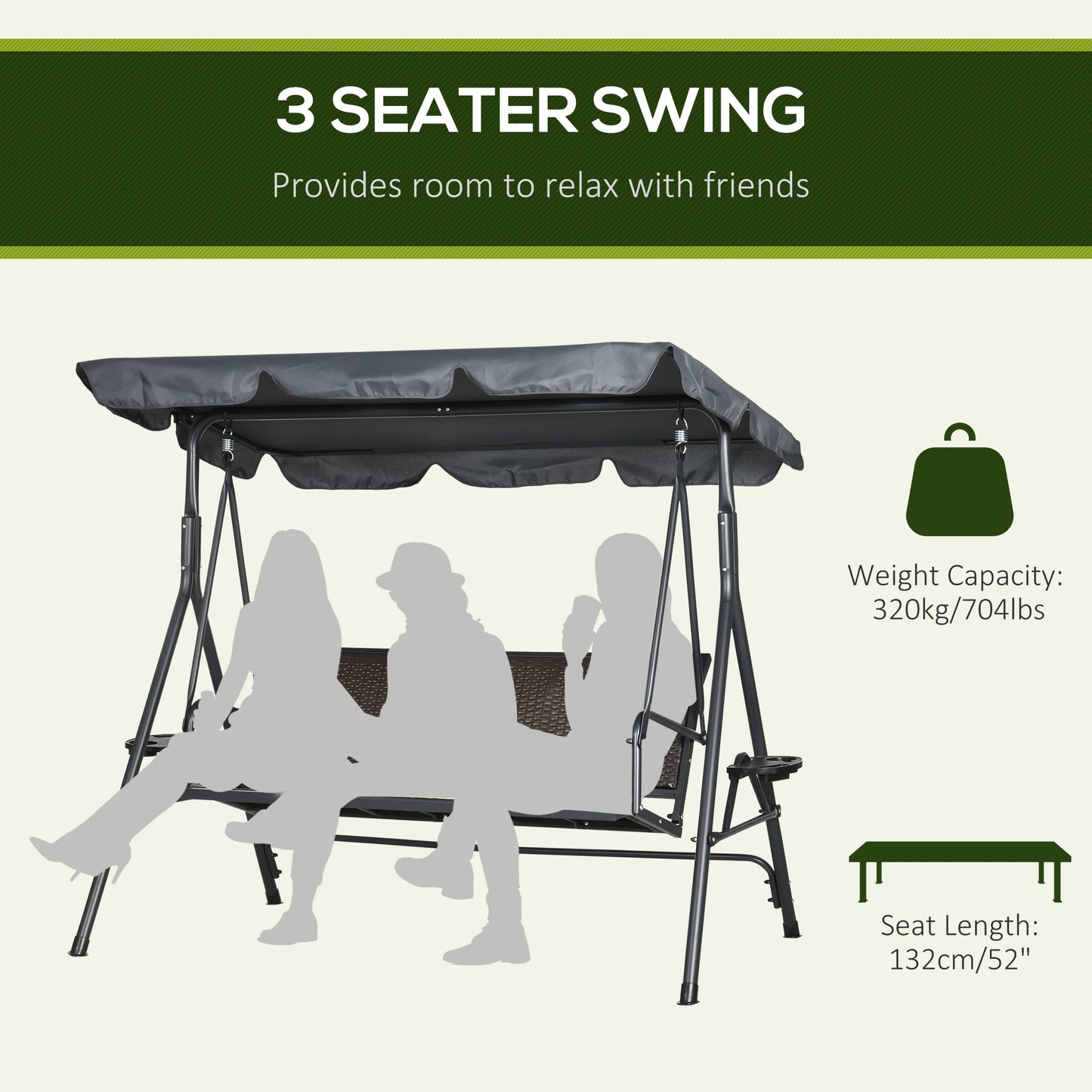 3-Seat Patio Swing Chair, Outdoor Canopy Glider, Rattan Seat, Steel Frame, Dark Grey Porch Swings with Canopy at Gallery Canada