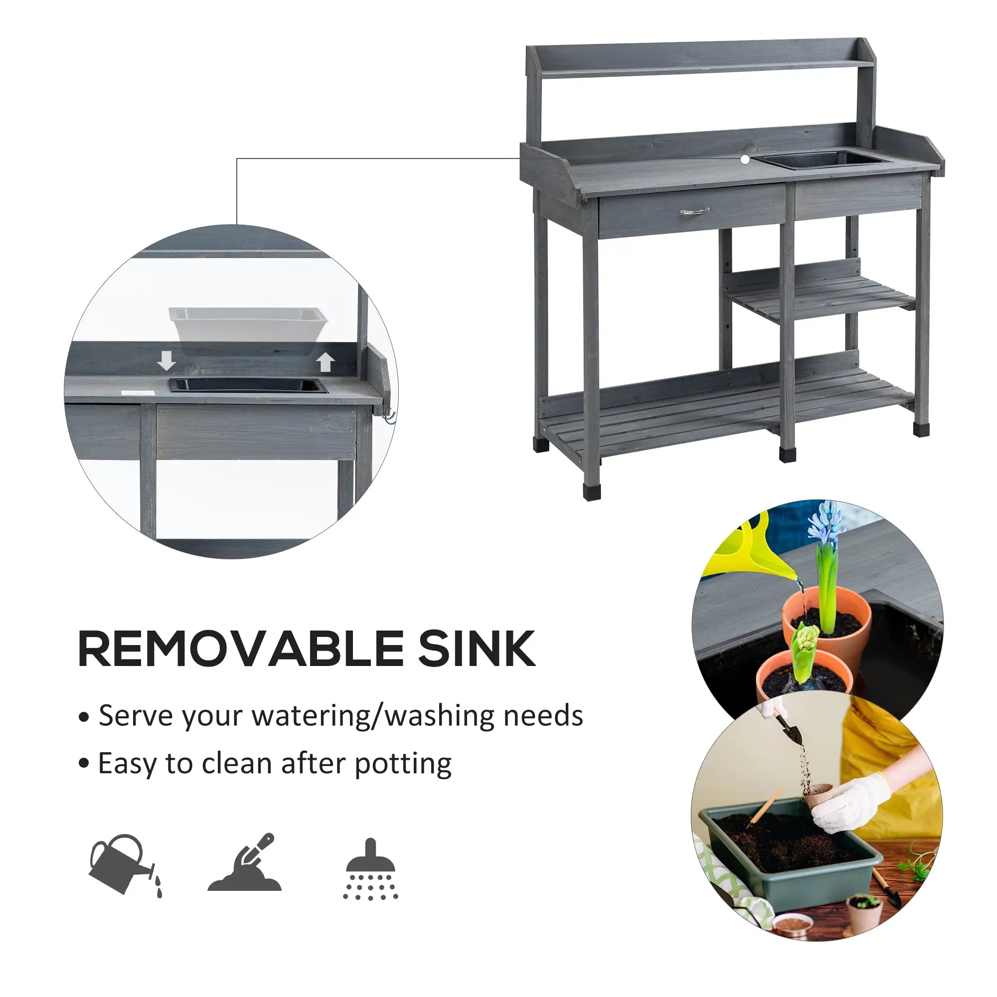 Potting Bench Table with Drawer, Removable Sink, Storage Shelves Potting Benches & Tables at Gallery Canada