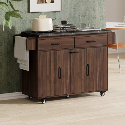 Adjustable Shelf Island, Trash Cabinet, Spice Rack, 51" L x 20" W x 35" H, Walnut Brown Kitchen Islands & Kitchen Carts at Gallery Canada