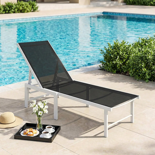5-Position Reclining Outdoor Chaise Lounge, Mesh Seat, Black Lounger Chairs Black at Gallery Canada