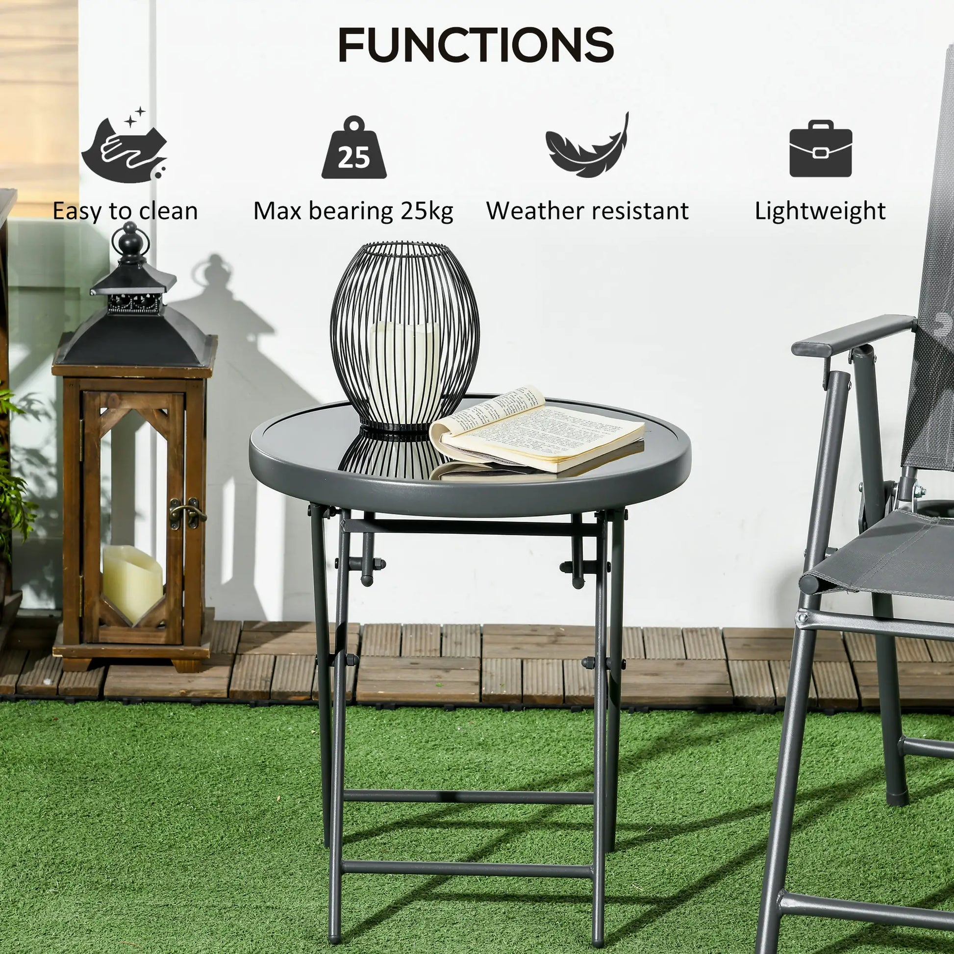 18" Outdoor Round Folding Table, Tempered Glass Top, Black Patio Side Tables at Gallery Canada