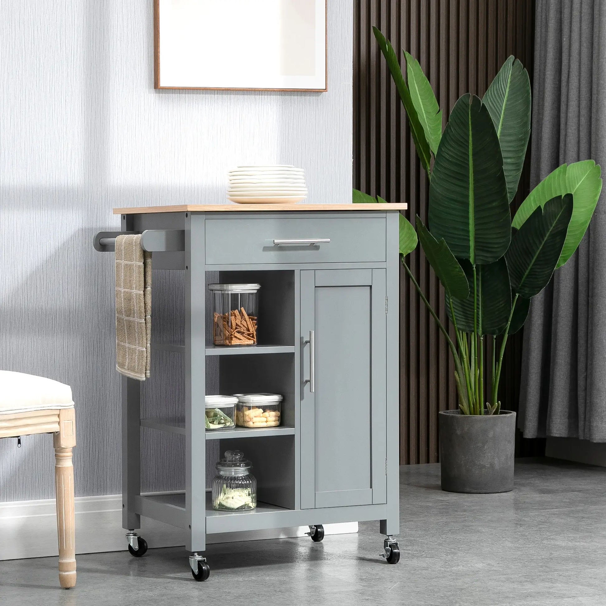Compact Kitchen Cart on Wheels, Open Shelf, Storage Drawer, Grey Kitchen Islands & Kitchen Carts at Gallery Canada