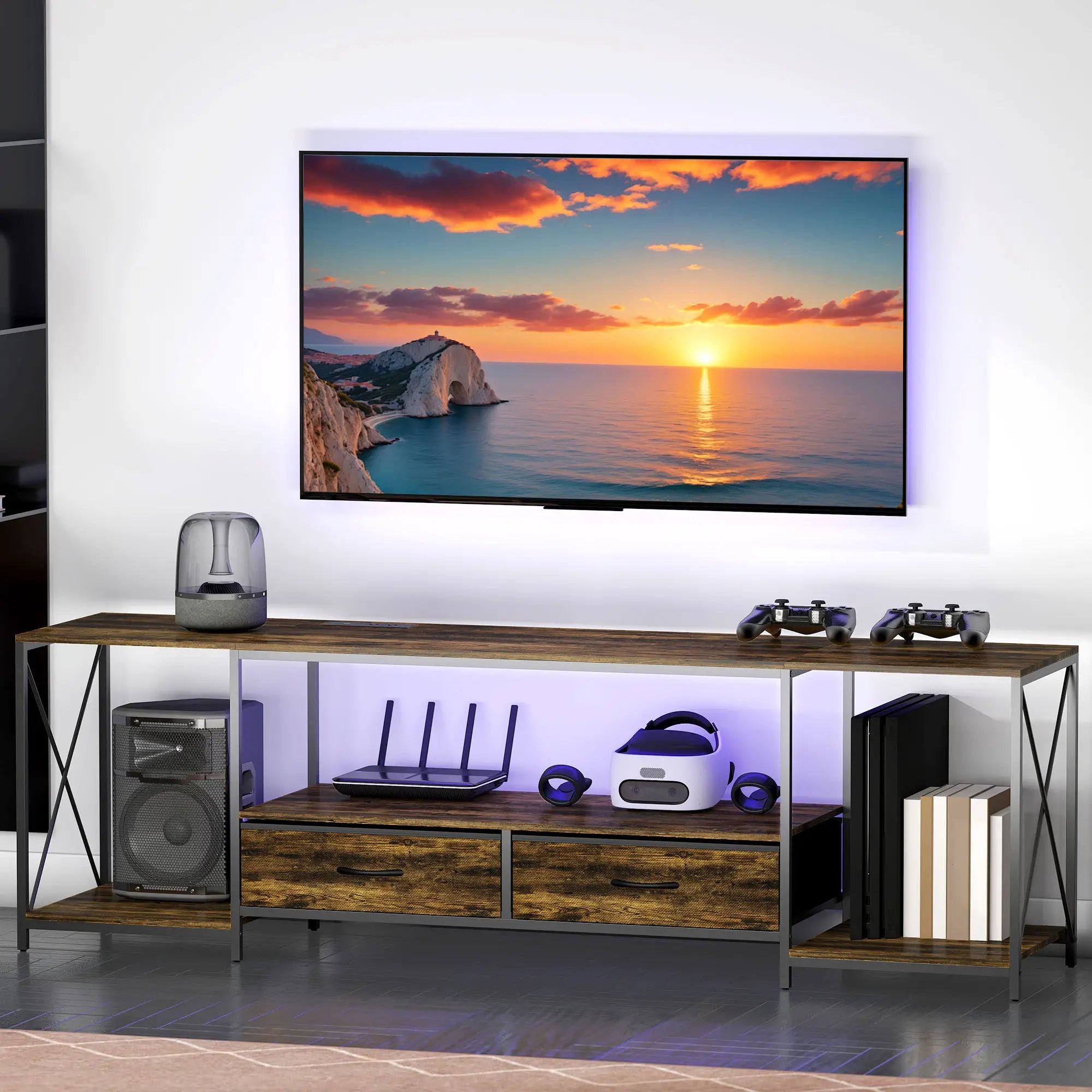 Industrial TV Stand For 60 Inch TV, Rustic Brown, With Charging Station And RGB LED Lights, Brown TV Stands at Gallery Canada