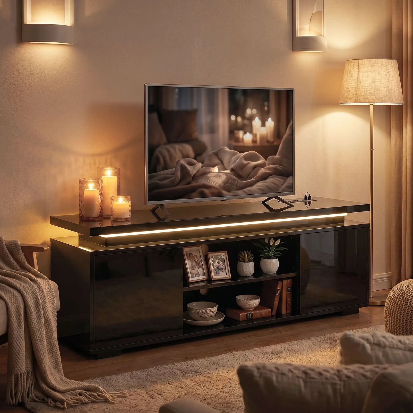 TV Stand For TVs Up To 60 Inch, Modern Entertainment Center With LED Lights, LED Lights TV Stands at Gallery Canada
