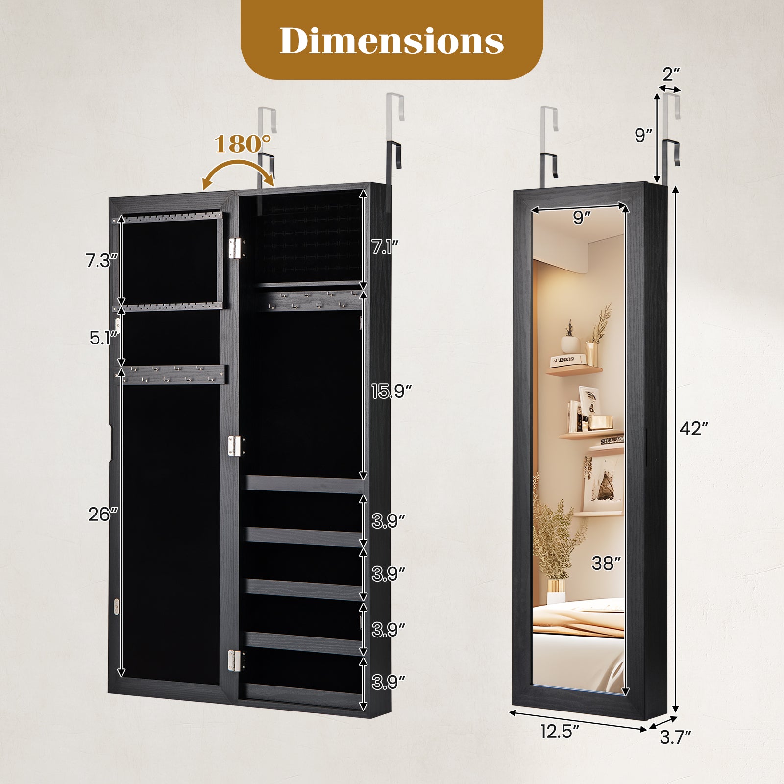Wall Mounted Jewelry Cabinet With Full Length Mirror, Black Jewelry Armoires at Gallery Canada